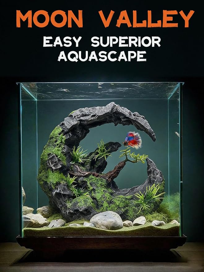 Aquarium Decor - Large Moon Shaped Cave Ornament for Fish Tank, Aquarium Hideout with Rock Texture for Betta, Guppy, Shrimp - Safe Aquatic Decoration,Fish Hiding House (Moon Valley)