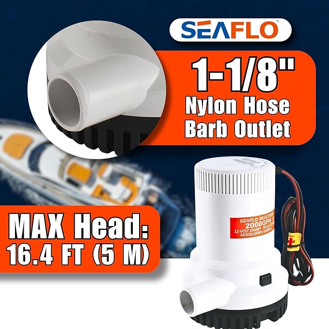 SEAFLO 01 Series 2000 GPH Bilge Pump – 12V, 1-1/8" Outlet, Marine Submersible Pump with Anti-Airlock Protection, CE & Rohs Certified, 4-Year Warranty | Reliable for Boats and Marine Applications