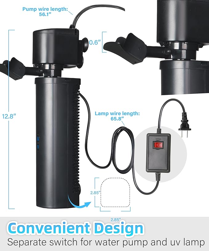 Aquarium Filter U-Very Suitable for 40-200 Gallon Tank, 400GPH Fish Tank Filters for Green Control, Internal Submersible Pump for Turtle Tank, Small Pond, Pool Filter, Cold Plunge Ice Bath Hot Tub