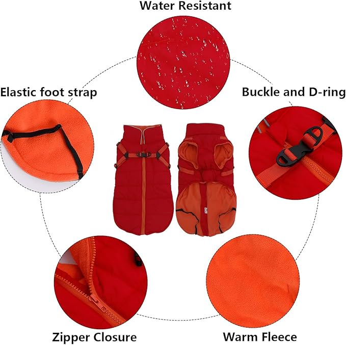 Geyecete Winter Warm Coat Waterproof Dog Winter Jacket with Harness Traction Belt,Windproof Pet Outdoor Jacket Dog Autumn-Red-XXL