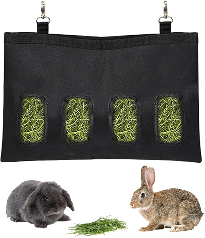 Rabbit Hay Feeder - Large Capacity Oxford Cloth Hanging Hay Bag - 4 Holes - 1 Pcs (Black)