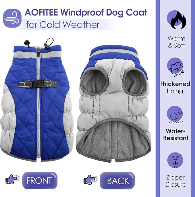 AOFITEE Dog Coat, Warm Dog Winter Coat for Small Dogs, Reflective Turtleneck Dogs Jacket with Harness Built in, Waterproof Windproof Pet Fleece Vest Snow Jacket for Cold Weather, Blue S
