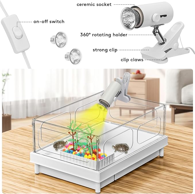 Small Turtle Tank Kit with Light and Filter for Baby Turtles | White Clear-Panel Habitat, with Basking Platform, Easy-Clean Starter Aquarium with Bottom Drain