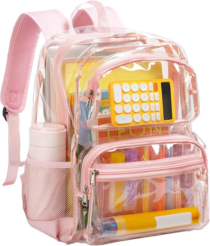 Vorspack Clear Backpack for School - Heavy Duty See Through Bookbag for Girls Boys Large Transparent Backpacks for Work, Travel - Pink