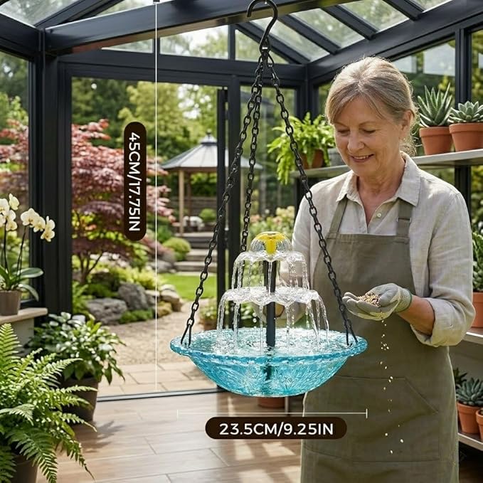 Solar Cascade Hanging Bird Bath Fountain, Solar Powered Hanging Bird Bath with Glass Bowl, Outdoor Hanging Birdbath Water Fountain for Hummingbirds, Garden Patio Yard Decor, Blue (red)