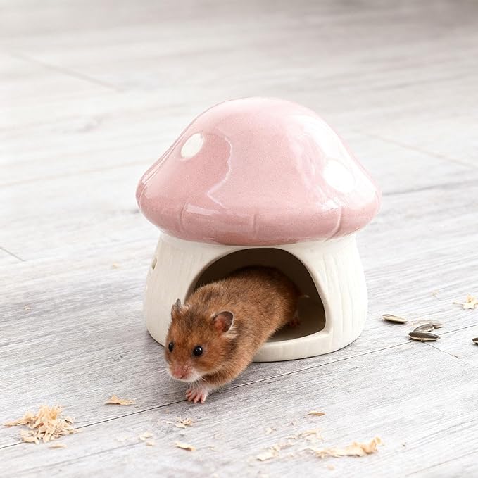 Ceramic Hamster House Small Animal Hideout Outdoor Cartoon Multipurpose Hamster Hide Bed Mushroom Shaped for Rats Chipmunk, Pink