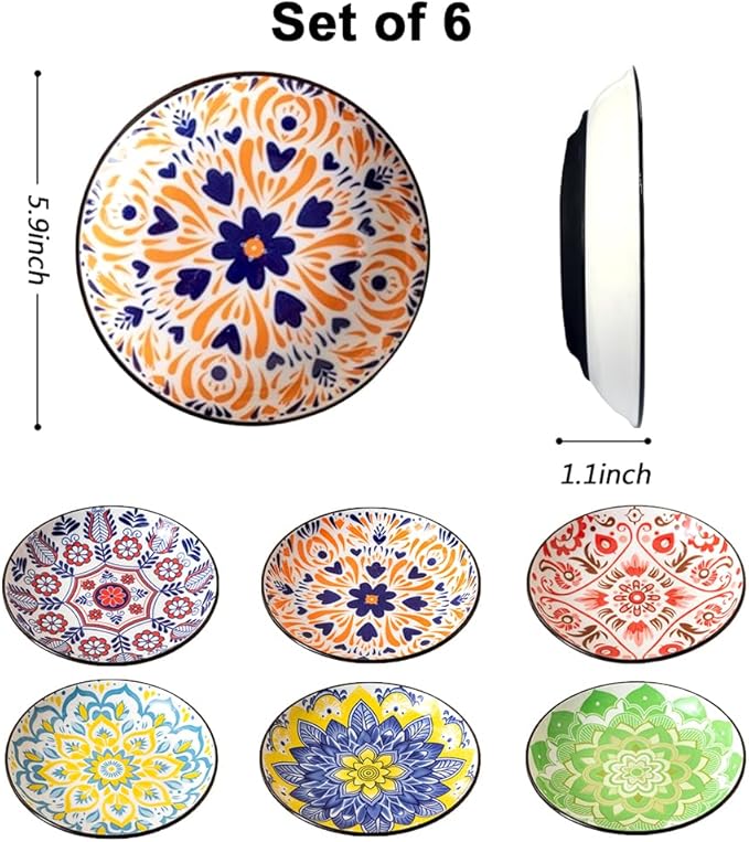 Non-Slip Cat Bowls, Ceramic Wide Pet Food Bowl Set for Relief Whisker Fatigue, 6 Pack Colorful Kitten Feeding Dishes Plates with Anti-Slip Silicone Base-Microwave and Dishwasher Safe, 8.5 oz