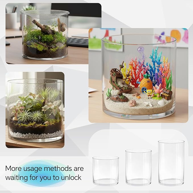 2.5 Gallon Cylindrical Glass Fish Tank Solid Base, 360° Full View Desktop Aquarium Starter, Easy to Maintain Small Microfauna for Betta Snails Shrimp Aquatic Planting and Small Plant Terrarium