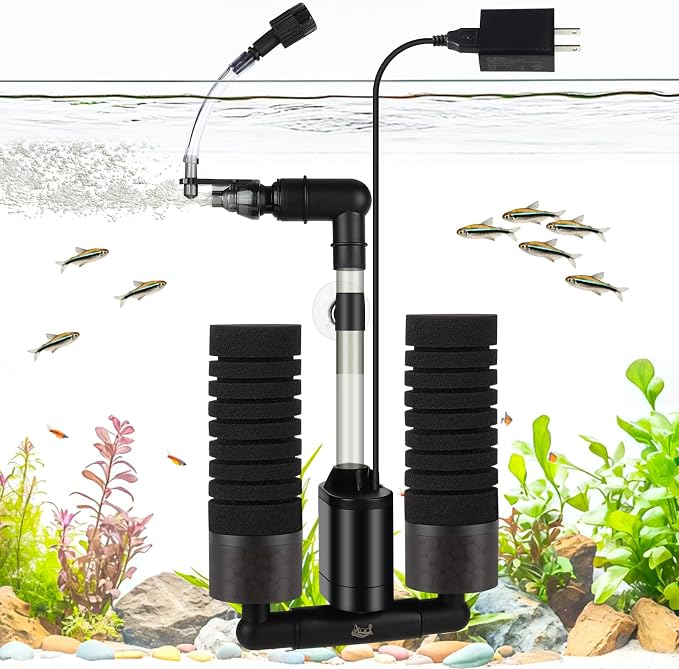 AQQA Electric Sponge Filter for Aquarium, Quiet USB Powered Sponge Filter | for 15-55 Gal Fish Tank with Bio Ceramic Media, Shrimp Fry Safe Breeding Filter, Adjustable 360° Outflow, Submersible Filter
