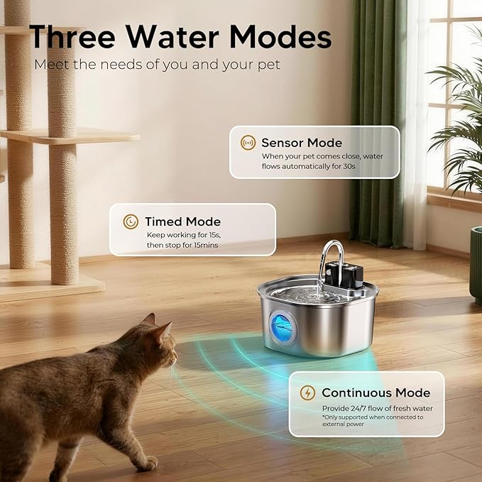 Voluas Stainless Steel Cat Water Fountain: 108oz/3.2L Wireless Cat Fountain Battery Operated for Drinking Indoor, Automatic Pet Water Dispenser Bowl with Ultra Quiet Pump, Easy Clean BPA-Free, 2Filter