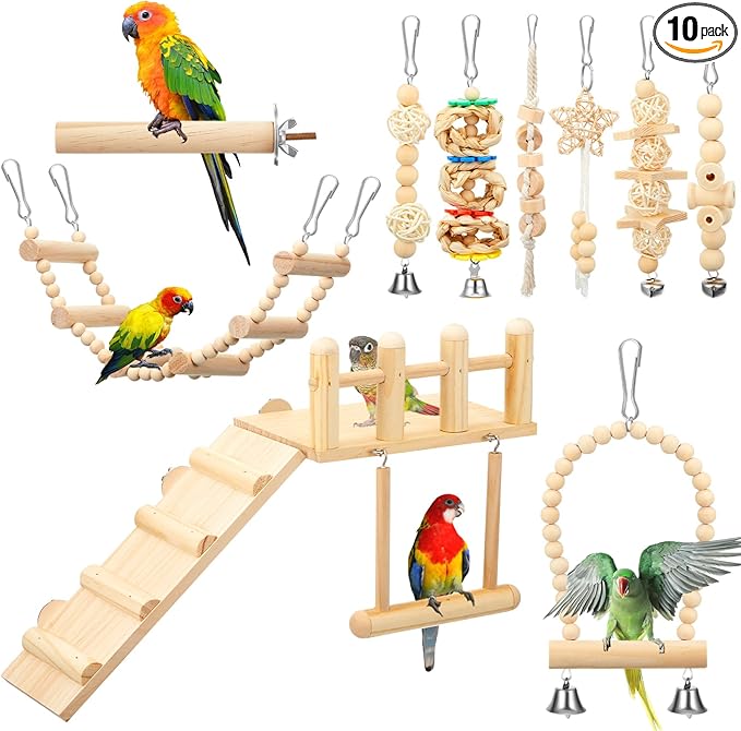 10 Pcs Bird Toys for Parakeets Cage Accessories Parrot Swing Toys and Wooden Perches Platform with Climbing Ladder for Chewing Standing Hanging Swinging Training Budgerigar Conure Cockatiel Finches