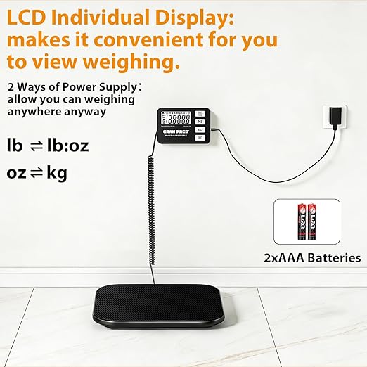 GRAM PRES Shipping Scale 440 lbs/10g Digital Postal Scale with LCD Display, Hold/Tare/Pcs Functions for Packages/Luggage/Post Office/Dog, Battery & USB Cable Included
