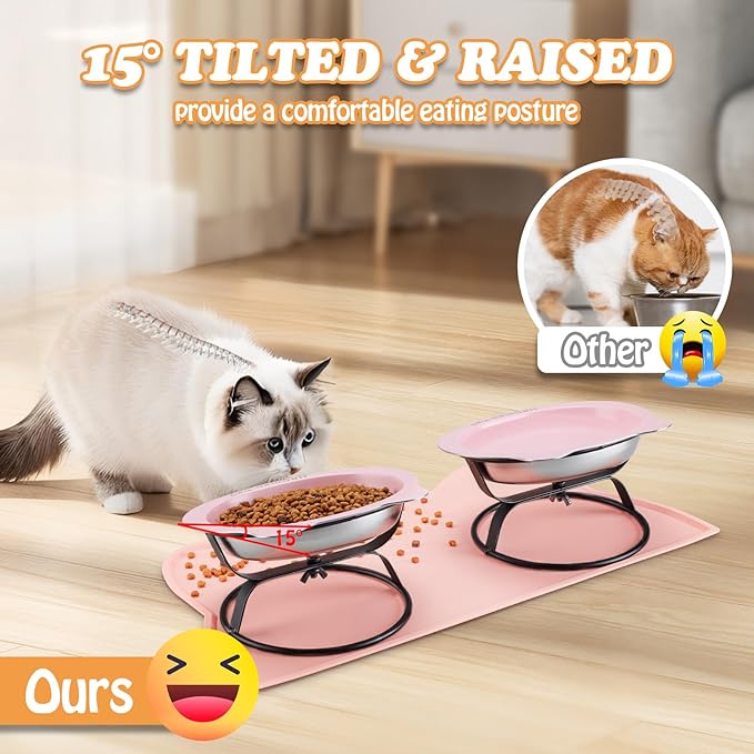 Elevated Cat Bowls with Food Mat & Metal Stand - 7.1" Wide Stainless Steel Whisker Friendly Dishes, 15° Tilt for Cats/Kittens/Small Dogs, Indoor/Outdoor & Travel Use (2-Pack) HBGmao-hao (Pink)