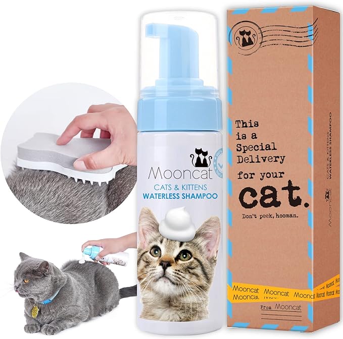 Mooncat Waterless Cat Shampoo + 2-in-1 Cat Bath Brush Set, No Rinse Dry Foam Bath for Short Hair Cats & Kittens, SGS-Tested Lick-Safe, Veterinarian Approved & pH-Balanced, Brush, 5 oz