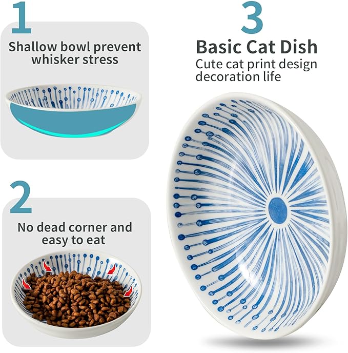 3 Ceramic Cat Bowls,5.5 inch Wide Shallow Cat Food Bowl for Relief Whisker Fatigue B Style