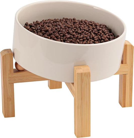 Elevated/Raised 15°Tilted Anti Slip Ceramic Dog Bowl for Medium & Large Breeds,Slanted Bulldog Big Face Pet Feeding Food Water Dish Stand for Dogs (7.6 Cups/60OZ) Beige