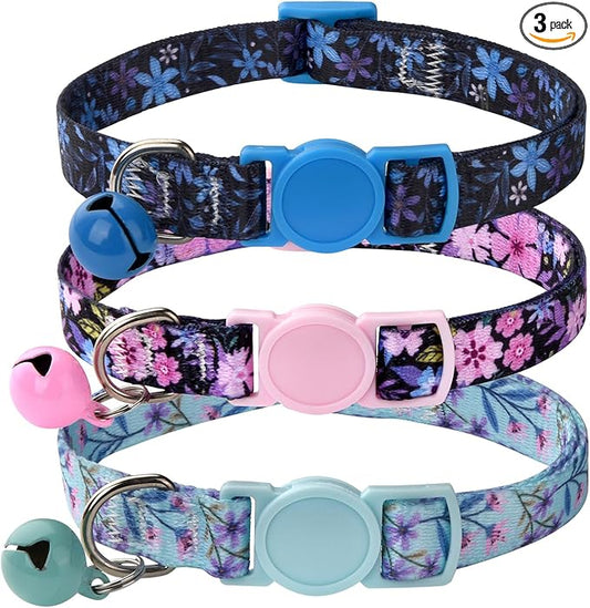 MarukoPet Cat Collar Breakaway with Bells, 3 Pack Girl Boy Pet Cat Collar with Bohemia Floral Tribal Geometric Patterns, Adjustable 7.5-12 Inch, with Safety Buckle for Kitten Cat(Set A)
