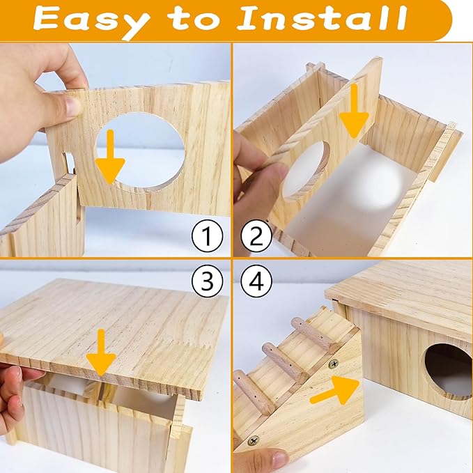 Hamster Wooden House with Ladder Hamster Wood Hideout Activity Platform Exercise Climbing Hut Natural Living Wood Room for Syrian Hamster Gerbil Mice Rat