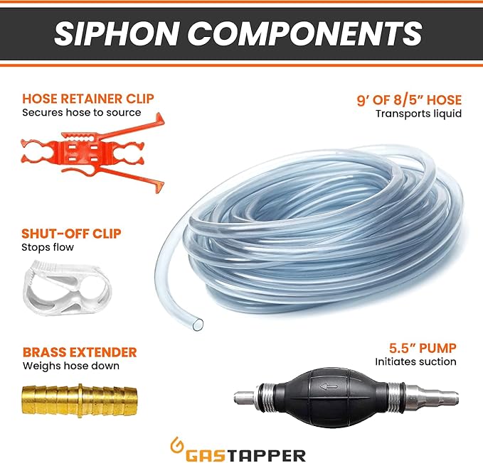 Fuel Transfer Pump - Gas Siphon Pro Pump for Gasoline, Oil, Diesel, Water, Liquid, Fluid - Portable Hand Gas Pump Includes Brass Tip Weight, 9 Ft Hose and Pinch Clip - 3.5 Gls/Min
