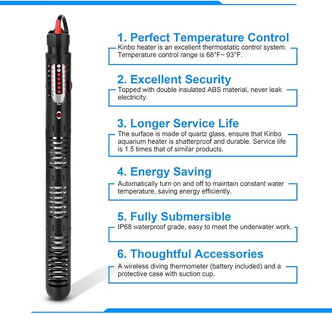 Kinbo Aquarium Heater 300 Watt Submersible Fish Tank Heater Adjustable Temperature with Diving Thermometer and Protective Case Suction Cup