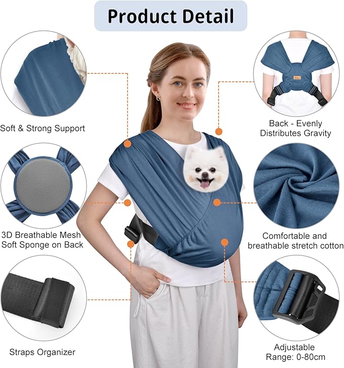 CUBY Swaddle Dog Sling Carrier for Small Dogs, Front Pet Sling Carrier Chest,Hands Free Adjustable Cat Sling Carrier Soft Cotton Reducing Pain Puppy Sling Carrier for Small Pet Up to 10lb (Blue)