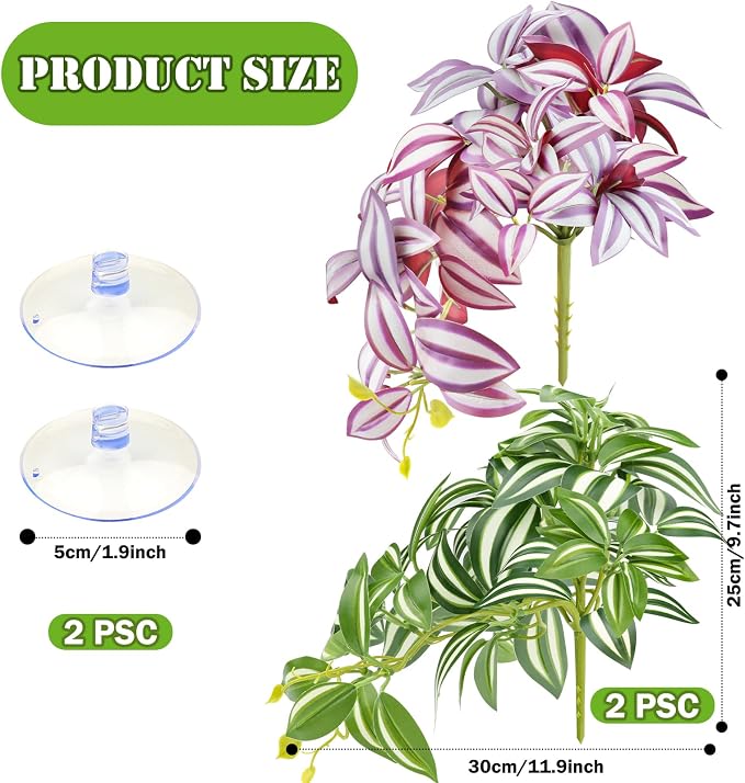 QUOZUO 2 Pack Reptile Plants, Artificial Hanging Plants with Suction Cups, Habitat Decor Plastic Vines Decorations for Bearded Dragons Lizards Snake Geckos Frogs -Purple and Green