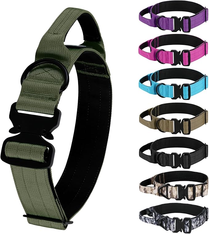 Tactical Thick Dog Collar, Adjustable Training Nylon Dog Collar, Heavy Duty Metal Buckle & Control Handle for Small Medium Large Dogs (L, Green)