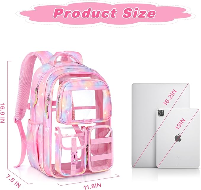 PAMANO Clear Backpack for Girls, Heavy Duty Transparent Bookbag for Kids, See Through Cute Backpacks for Elementary Primary School Work Sport Travel - Pink