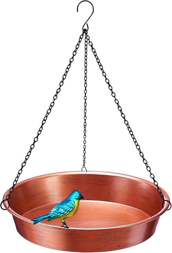 Hanging Bird Bath for Outside, 11.5” Antique Copper Metal Birdbath Bowl & Feeder with Black Chain for Outdoor Garden Yard Decor (0.7 Gallon)