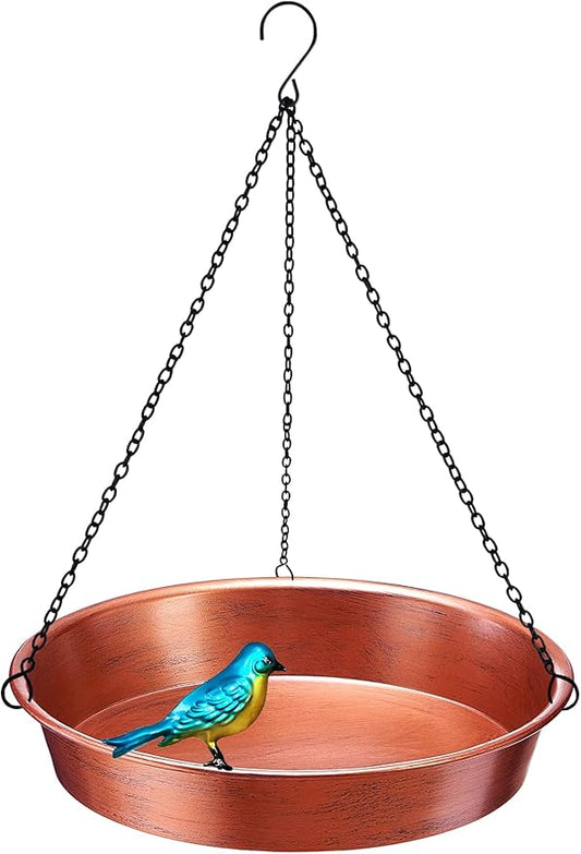 Hanging Bird Bath for Outside, 11.5” Antique Copper Metal Birdbath Bowl & Feeder with Black Chain for Outdoor Garden Yard Decor (0.7 Gallon)