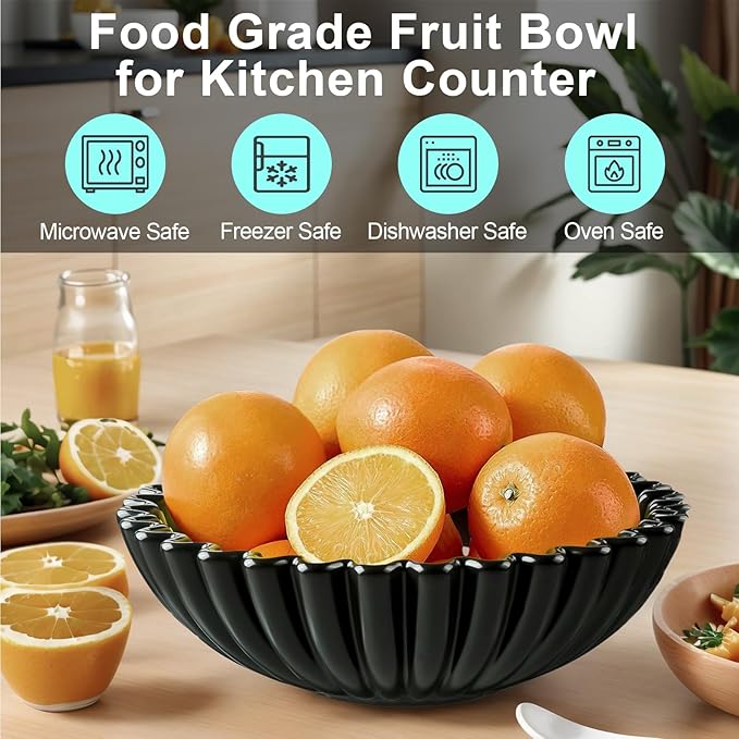 KULEDM Ceramic Decorative Bowl Home Decor - 10in Black Scalloped Ruffle Fruit Bowl for Kitchen Counter, Dishwasher & Microwave Safe