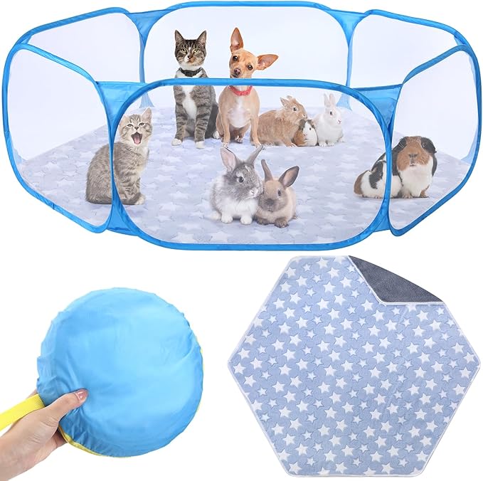VitalCozy Hamster Playpen with Mat Small Animal Cage Tent Breathable Transparent Guinea Pig Playpen Waterproof Portable Yard Fence Mat Foldable Exercise Playpen Outdoor Indoor (Blue,Star)