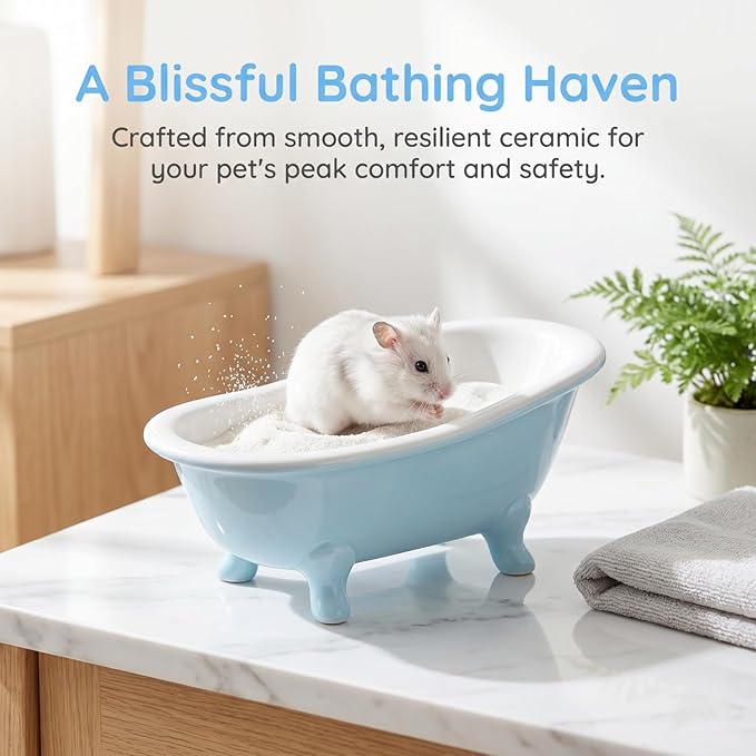 Abaodam Cute Hamster Bed Chinchillas Food Bowl Blue Ceramic Mini Bathtub Small Animal Ice Bathtub for Ceramic Hamster Guinea Pig Bathroom Sand Bath Holder Container Accessories Cage Toys