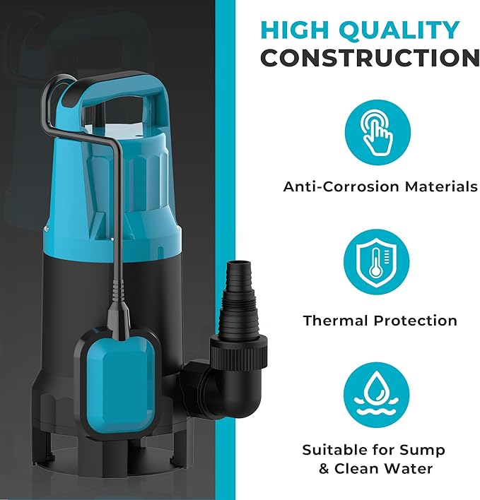 1.3HP Sump Pump 5280GPH Submersible Water Pump with Float Switch, Submersible Utility Pumps Removal for Pools, Basement Flooding, Garden Pond Low Water Level with 20ft Power Cord