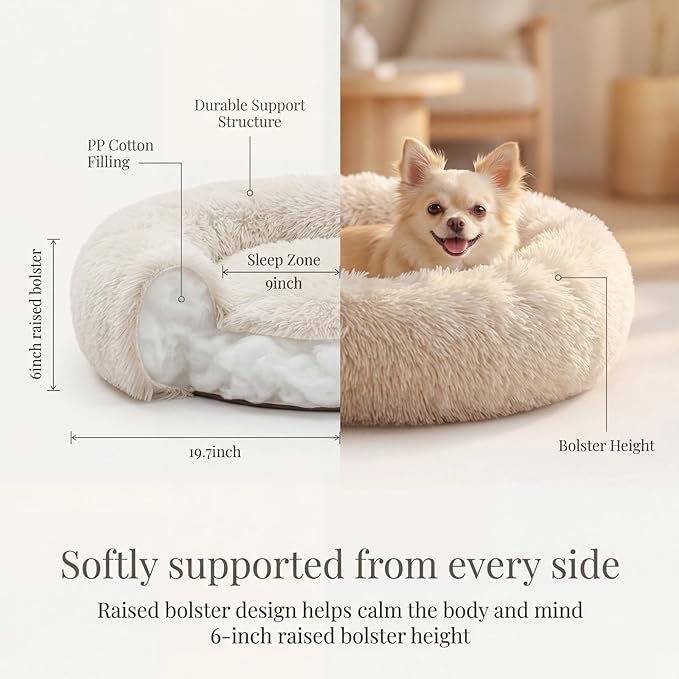 Calming Donut Dogs Beds for Small Dogs Washable,19inch Fluffy Round Puppy Bed for Puppies,Cats & Toy Breeds with Raised Rim,Fits up to 15 lbs Pets,Beige