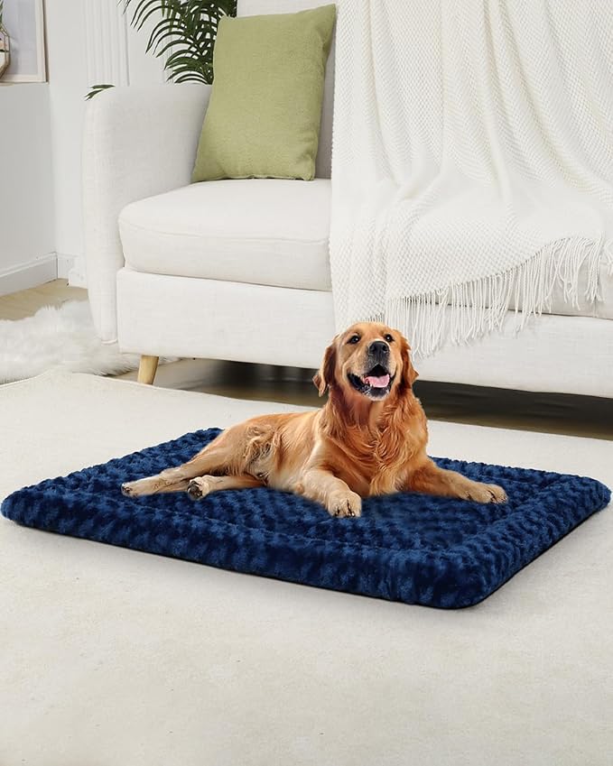 Washable Dog Bed Mat Crate Pad Soft Fluffy Pet Kennel Beds Dog Sleeping Mattress for Large Jumbo Medium Small Dogs, 42 x 28 Inch, Blue