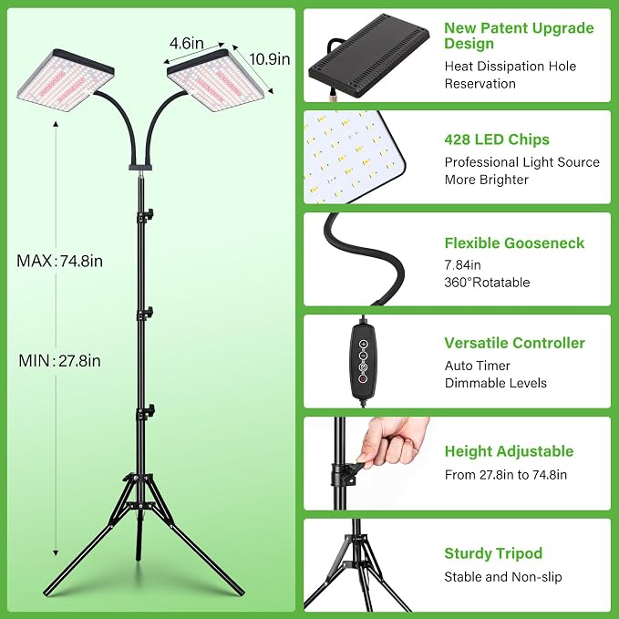 LBW Grow Lights for Indoor Plants, 428 LEDs Full Spectrum Plant Light | 2-Head Grow Lamp, 3/6/12H Timer, 6 Brightness Levels, 3 Switch Modes, 68" Height Adjustable Stand