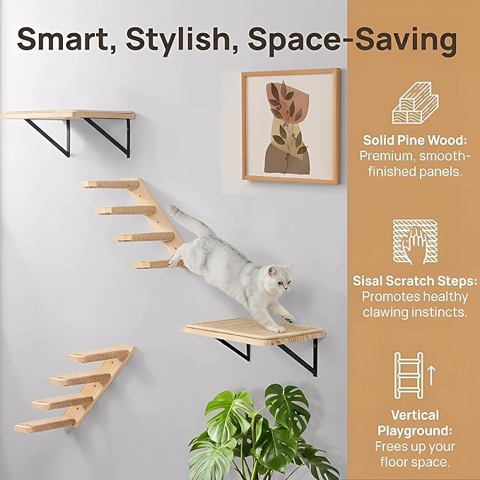 Cat Climbing Shelves Four Stair Shelf Wall Mounted Reversible Left & Right Direction, Cat Stairway Shelf for Climbing with Sisal Rope Ladder Wall Pets Furniture