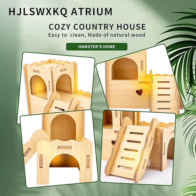 Natural Wood Hamster Habitat Hideout Cage Accessories, Maze Cabin with Fun Slide & Double-Decker House, Exercise Toys for Dwarf Hamsters, Gerbils, Mice,Other Small Animals(Only for Small Hamster C)