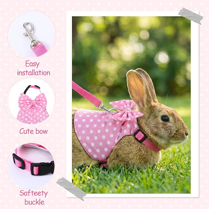 Bunny Harness and Leash Set, Escape Proof, Soft Breathable Mesh Rabbit Leash Vest with Safety Buckles, Pink Wave Point Breathable Bunny Clothes, Outfits for Outdoor Training Camping, Pink, S