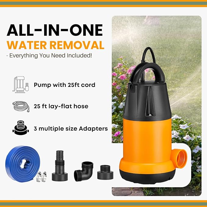 Submersible Sump Pump, Water Pump With 25Ft. Water Hose, Portable Utility Pump, Water Transfer Pump with 25-Foot Cord, 4000 GPH, Ideal for Swimming Pool, Garden Pond, Basement