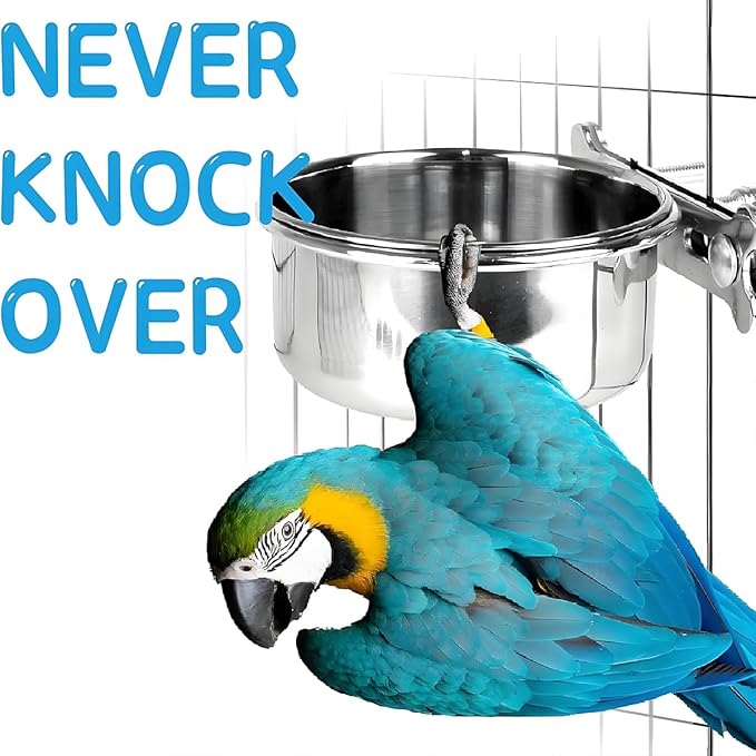 Parrot Feeding Cups Stainless Steel Bird Cage Feeder & Water Bowl - Chew-Proof Food Bowls with Clamp Holder for Parrot, Cockatiel, Conure, Budgie, Macaw, and Small Animals (S-1Pc)