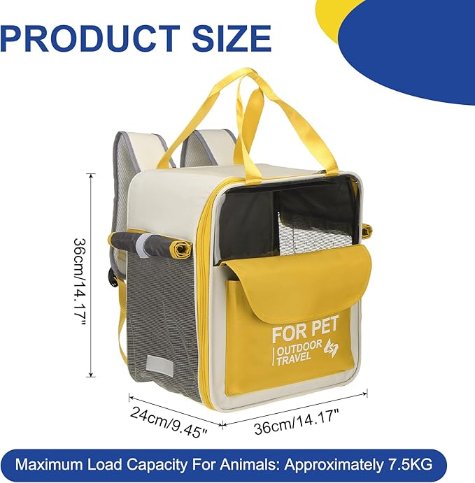 Pet Backpack Carrier, Portable and Ventilated, Oxford Cloth, Dogs Cats and Small Animal Travel Bag 13.39" Up to 16.5 Lbs, (Yellow), Intended for Hiking/Camping/Traveling