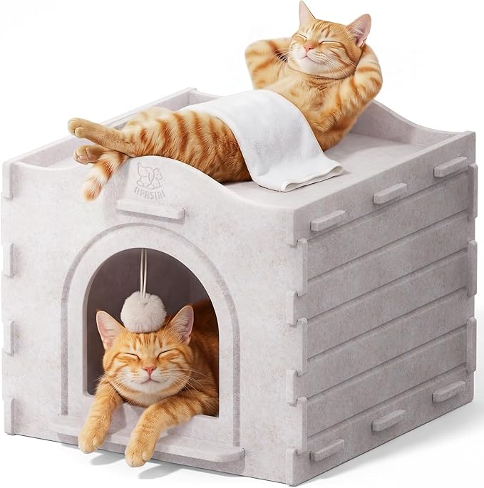 Apasiri Cat Bed Cave for Indoor Cats: New Felt Cat Bed with Fluffy Ball Hanging, Foldable Cat House with Scratch-Resistant Board, Hideaway Cat Cave for Timid Cats, Sturdy Two-Tier Cat Condo - Gray