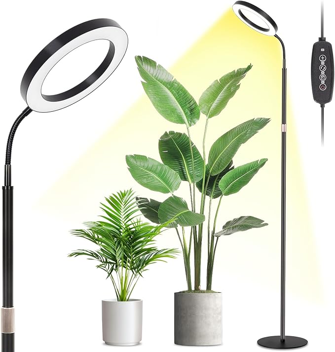LBW Grow Light with Stand for Indoor Plants, 8" Halo Full Spectrum Grow Light, 68" Height Adjustable Plant Light, Auto Cycle Timer (6/8/12/16H), 5-Level Dimmable, 3 Lighting Modes