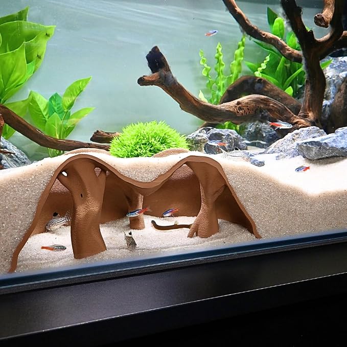 Aquarium Underground Cave Natural Mangrove Tree | Viewing Fish Under Gravel Tunnel Hide | Fish Tank Hideout Decor Decoration Enrichment for Corydora Catfish, Kuhli Loach, Pleco, Betta (Earth Brown)