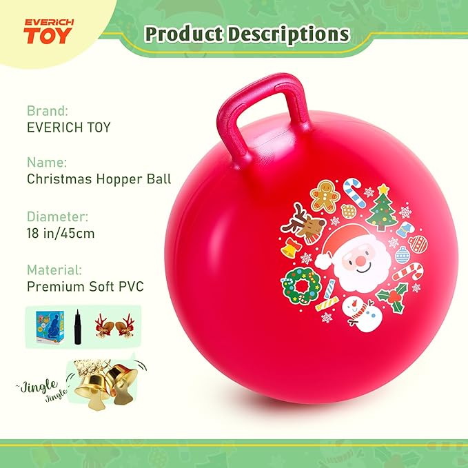 Hopper Ball for Kids 18In Sit On Bouncy Balls with Handle for Indoor Outdoor Active Play, Red Christmas Inflatable Boys Girls Gifts for 4 5 6 7 8 Years Old with Christmas Reindeer Ears
