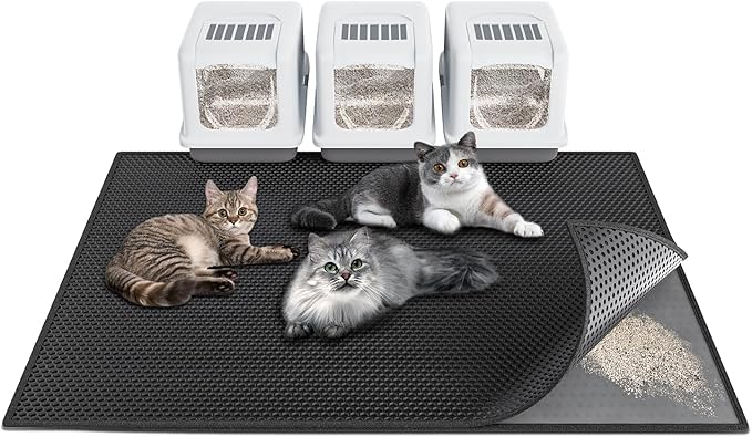 Waretary Cat Litter Box Mat: 47"x 36" Waterproof Kitty Cat Litter Trapping Mat, Easy-clean Double-layer Scatter Control Pad Rug (Black)