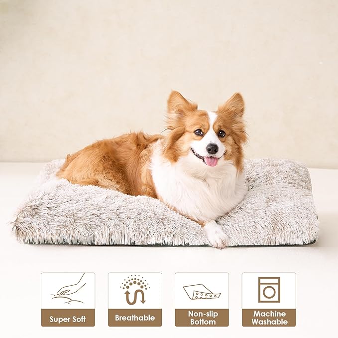 EHEYCIGA Fluffy Dog Crate Bed for Small Dogs, Plush Faux Fur Crate Pad, Calming Anti Anxiety Small Dog Bed, Washable Soft Warm Mat with Non-Slip Bottom, Brown
