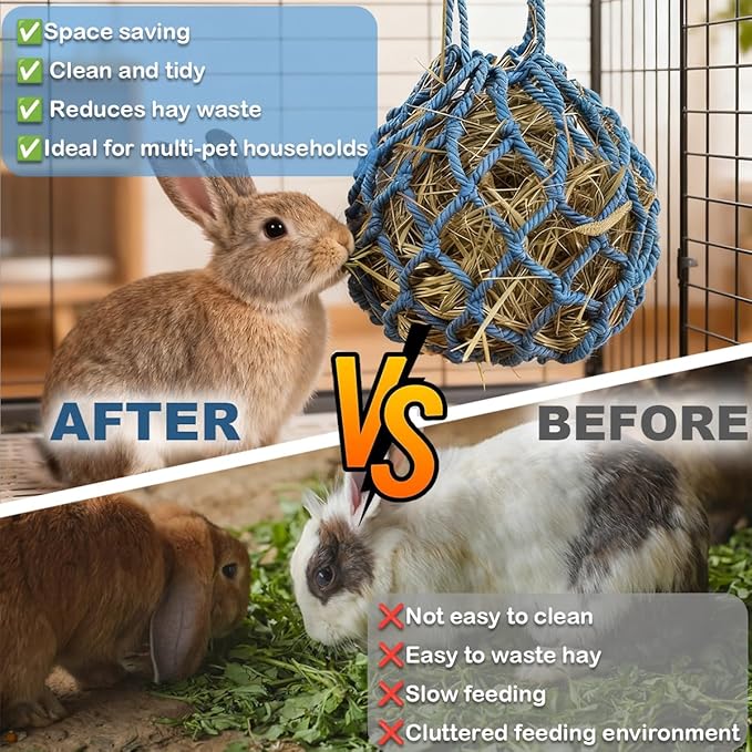 2 Pcs Rabbit Hay Feeder Mesh Bags, 2 Metal Hooks Hanging Hay Mesh Bags, Guinea Pig Hay Bags, High-Capacity Bunny Hay Bag for Rabbits, Chinchillas, Hamsters, Small Pets and Animals